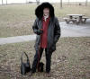 Sarah poses with Pilgrim at a rest stop.