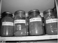 Quart jars hold home grown and bulk spices